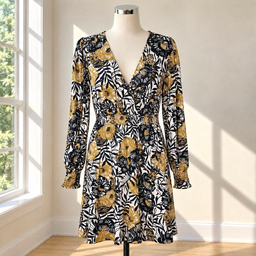Women’s Floral Wrap Dress Black Ivory Mustard Smocked Waist Long Sleeve Sz.S